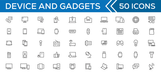 Device and technology line icon set. Electronic devices and gadgets, computer, equipment and electronics. Computer monitor, smartphone, tablet and laptop simple icon collections