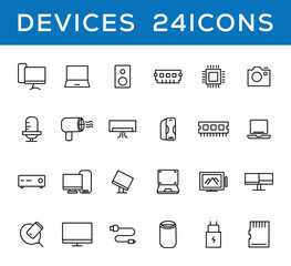 Device and technology line icon set. Electronic devices and gadgets, computer, equipment and electronics. Computer monitor, smartphone, tablet and laptop simple icon collections