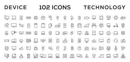 Device and technology line icon set. Electronic devices and gadgets, computer, equipment and electronics. Computer monitor, smartphone, tablet and laptop simple icon collections