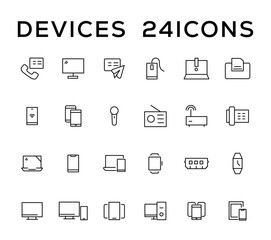 Fototapeta na wymiar Device and technology line icon set. Electronic devices and gadgets, computer, equipment and electronics. Computer monitor, smartphone, tablet and laptop simple icon collections