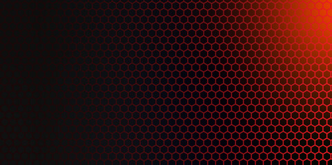 Red and black shapes, stripes and lines on a dark carbon fiber hexagonal background.
