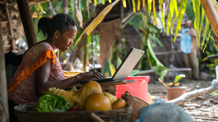Young Woman Working on Laptops at an Exotic Location, Balancing Work and Leisure