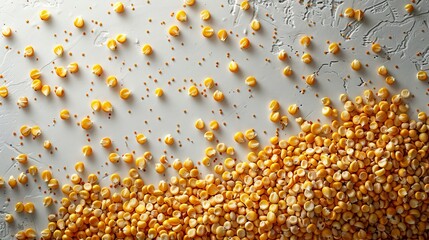 Dried corn kernels creating a pattern on a white textured background, perfect for food related projects