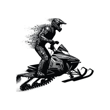recommend clip art: Snowmobiling sport male player with cyberpunk, glitch pattern illustration, emblem shield badge