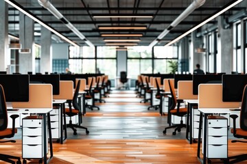 Spacious office with modern design ergonomic furniture and bright lighting creating a productive and stylish workspace