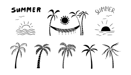 Obraz premium Set of different palm trees, suns and hammock in doodle style. Summer time. Travel design. Adventure. Hawaii. Paradise. Hand drawn. Great for prints, poster, banner and professional design