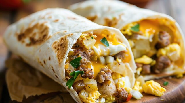 Scrambled egg sausage cheese and hash brown potato breakfast burritos