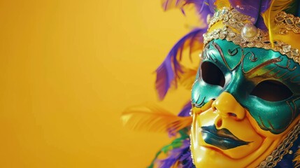 Close-up of a colorful masquerade mask with feathers against a yellow background.