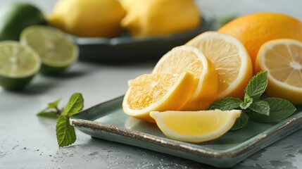Freshly sliced lemons assorted fresh fruits for cooking cocktails and fruit salads with garnish