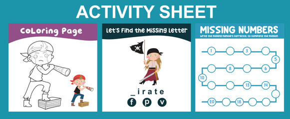 Activity sheet for children. 3 in 1 Educational printable worksheet. Coloring page, writing missing letters and missing numbers worksheet. Worksheet for preschool children