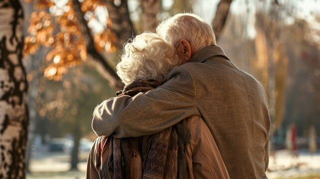 Rear view of elderly woman embraced by husband suffering from dementia