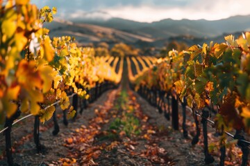 Fototapeta premium A picturesque vineyard with rows of grapevines stretching into the distance, their leaves creating a beautiful blurred backdrop for a holiday wallpaper