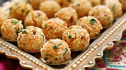 Indian Sweets Panjiri Laddu on a Serving Tray