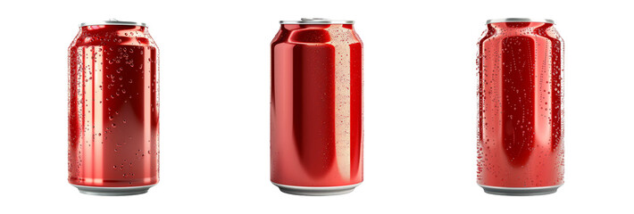 Three Chilled Red Cylindrical Soda Cans with Water Droplets on Black Background