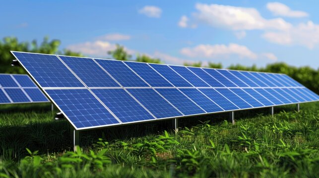 Construction of a solar power plant on a lush green field Installation of solar panels for generating environmentally friendly energy