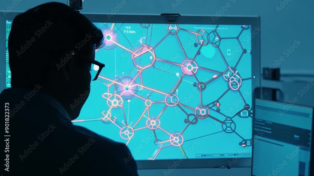 Poster a man in glasses sits at a computer, looking at a large screen displaying a complex network of conne