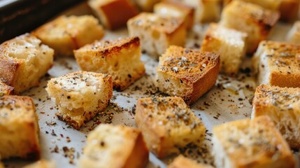 Croutons seasoned with olive oil and spices baking on a parchment lined sheet