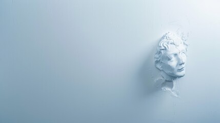 A plaster bust of a human face emerges from a white wall.