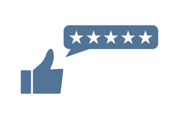 Customer review icon, quality rating, feedback, five stars with thumb symbol on transparent background.