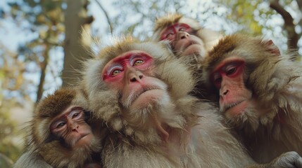 Obraz premium Witness the heartwarming display as a group of monkeys showcases their close bonds through acts of care and affectionate interactions
