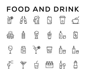 Food and drink icon collection set. Thin outline icons. Meat, milk, noodle, soup, bread, egg, cake, sweets, fruits, vegetables, drinks, nutrition, pizza, fish, sauce, cheese icon