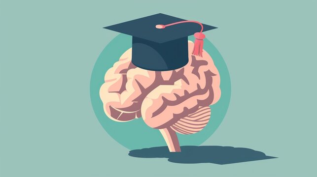 Illustrazione che mostra un cervello che indossa un berretto da laurea su uno sfondo colorato 