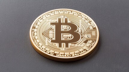 Primo piano della moneta di criptovaluta Bitcoin dorata su sfondo grigio
