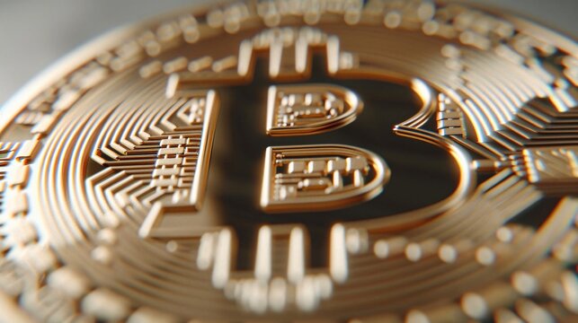 Primo piano della moneta di criptovaluta Bitcoin dorata 
