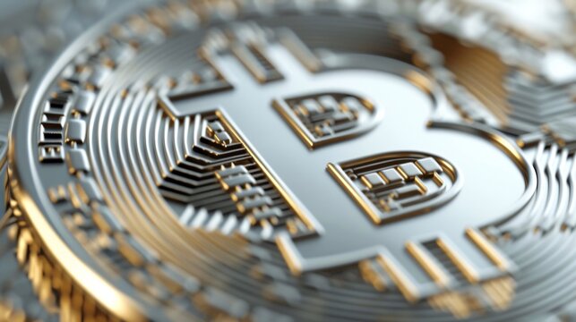 Primo piano della moneta di criptovaluta Bitcoin in argento
