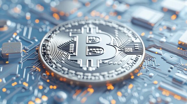 Primo piano della moneta di criptovaluta Bitcoin su sfondo azzurro
