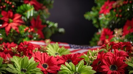 Festive Red Poinsettias and Green Foliage with Holiday Ribbon