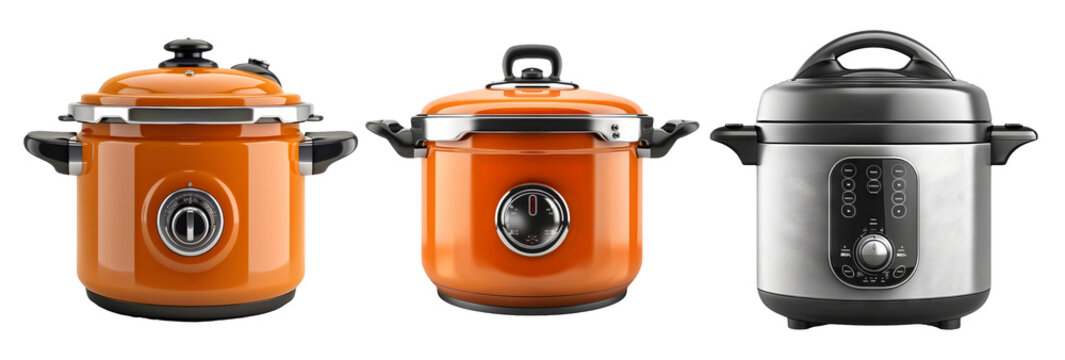 Stylish Modern Electric Pressure Cookers with Vibrant Orange and Sleek Stainless Steel Design on a Transparent Background