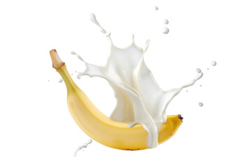 Banana submerged in milk splash against transparent background. 

