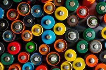 Array of vibrant battery cells viewed from above, their colors creating a lively and dynamic background pattern.