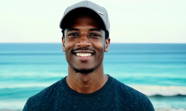 Full-length portrait video of a satisfied man in his 20s wearing a cool cap or hat against a water or ocean background