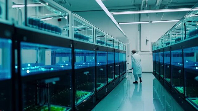 A scientist in a white lab coat walks down a corridor in a modern research lab, passing rows of glass enclosures with blue-lit interiors.