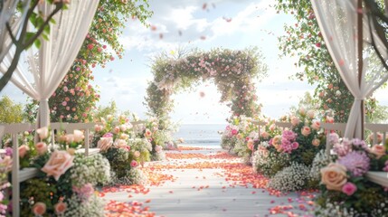 Fototapeta premium Elegant Outdoor Wedding Ceremony with Floral Decorations and Clear Space for Text