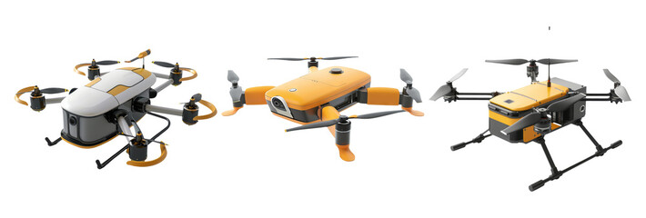 Three Advanced Drones with Futuristic Design on a Transparent Background