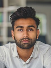 Obraz premium A man with a long beard is seen wearing a white shirt in this image