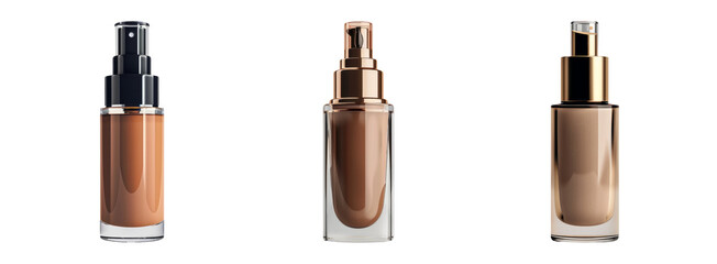 Obraz premium Elegant Assortment of Foundation Bottles with Pump Dispensers on a Transparent Background