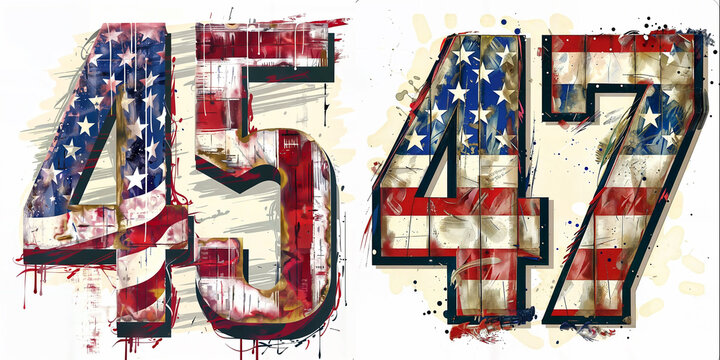 numbers 45 & 47 with USA flag print pattern on them and grungy pop art style illustration  on white background 
