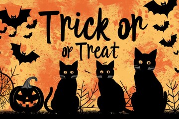 Black and Orange Theme Collage: Images of black cats, pumpkins, and bats with an orange backdrop. The text "Trick or Treat" in bold, black lettering.