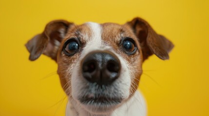 Curious dog interested in camera Jack Russell Terrier close up portrait on yellow background UNIQUE START Funny pet UNIQUE END
