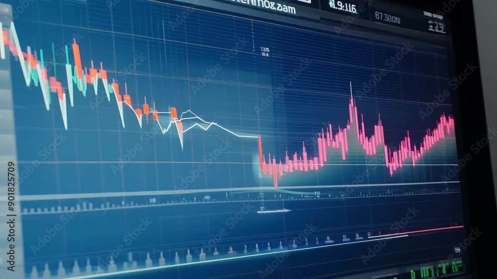 Poster a computer monitor displays a financial chart with a pink line representing data fluctuation.
