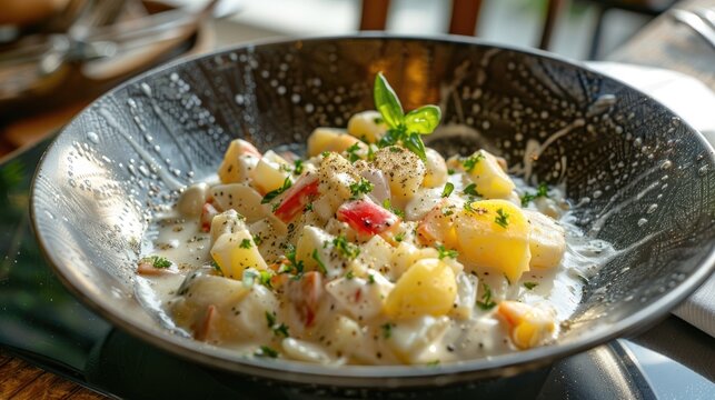 Neapolitan classic dish of Pasta e Patate con la Provola with creamy sauce potato cheese and vegetables