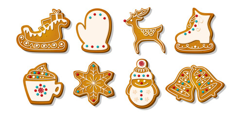 Christmas Gingerbread cookies for celebrating xmas. Winter homemade sweets in festive shapes isolated on white background. Cute flat cartoon Vector illustration