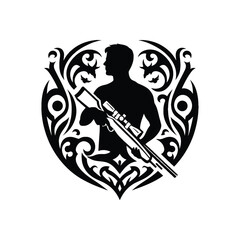Sporting Clays sport male player with ethnic tribal tattoo, gothic, pattern illustration, emblem shield badge