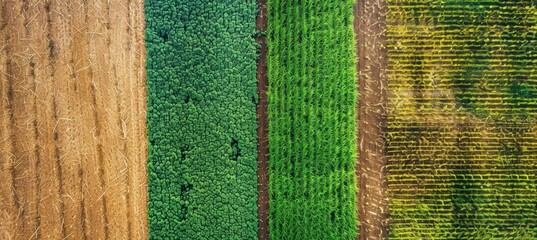 Aerial View of Conservation Tillage with Crop Residue and Healthy Green Plants for Agricultural Purposes