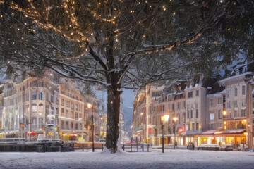 Obraz premium Winter in the city: snow-covered streets lined with historic European buildings, bustling with cars and people under a starry night sky