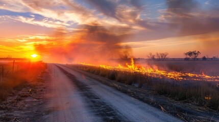 Rural road bordered by fields undergoing a controlled burn at sunset